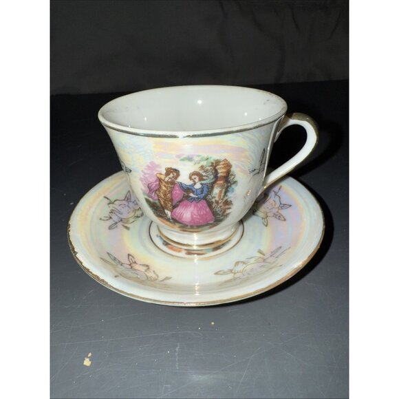 Japan Cup saucer Set Gold Handle Courting Garden Couple Vintage British Romance - Picture 1 of 16